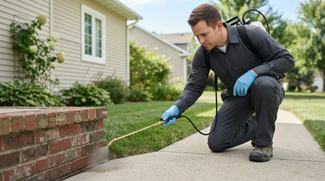 Pest control technician treating a home near La Fargeville, NY