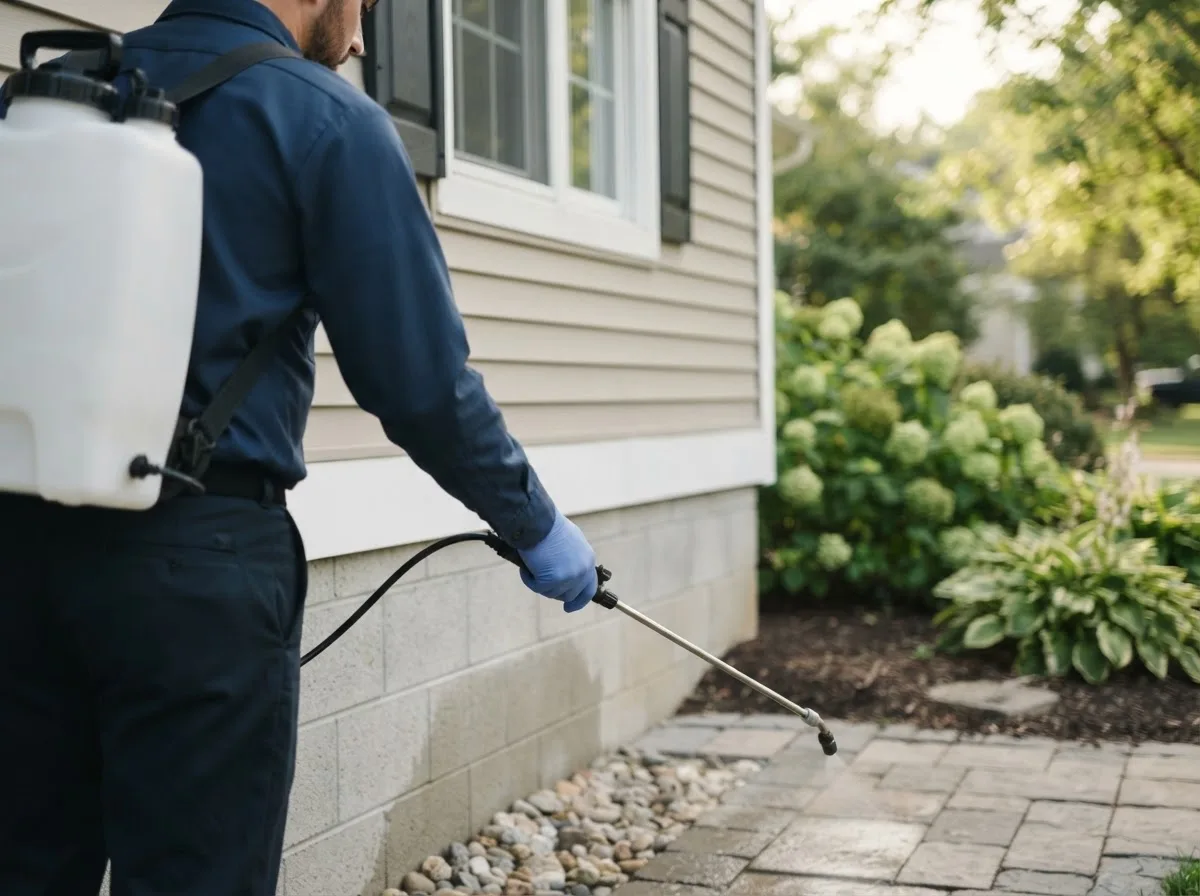 Pest control technician inspecting a home in La Fargeville, NY